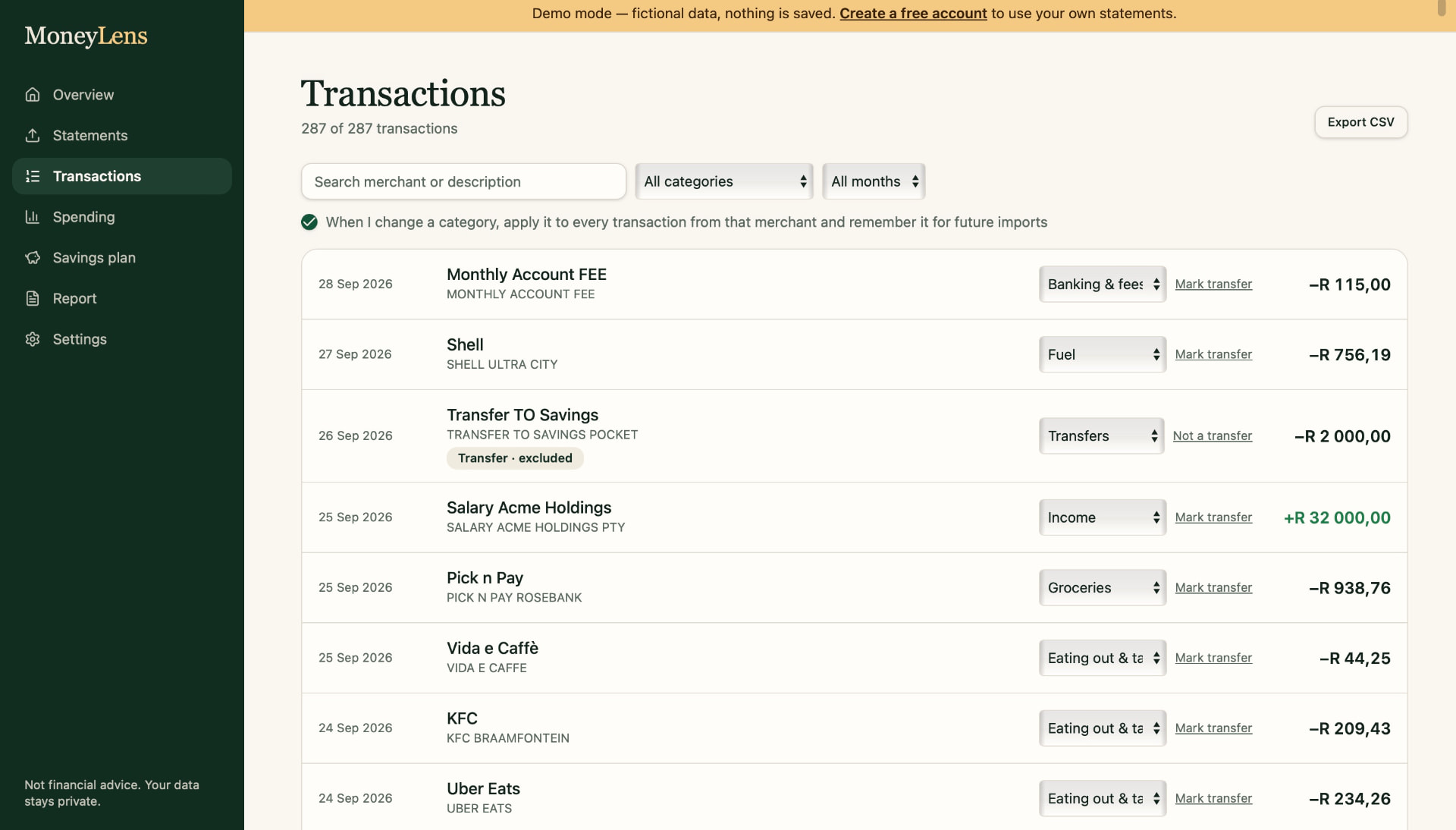 MoneyLens — Transactions