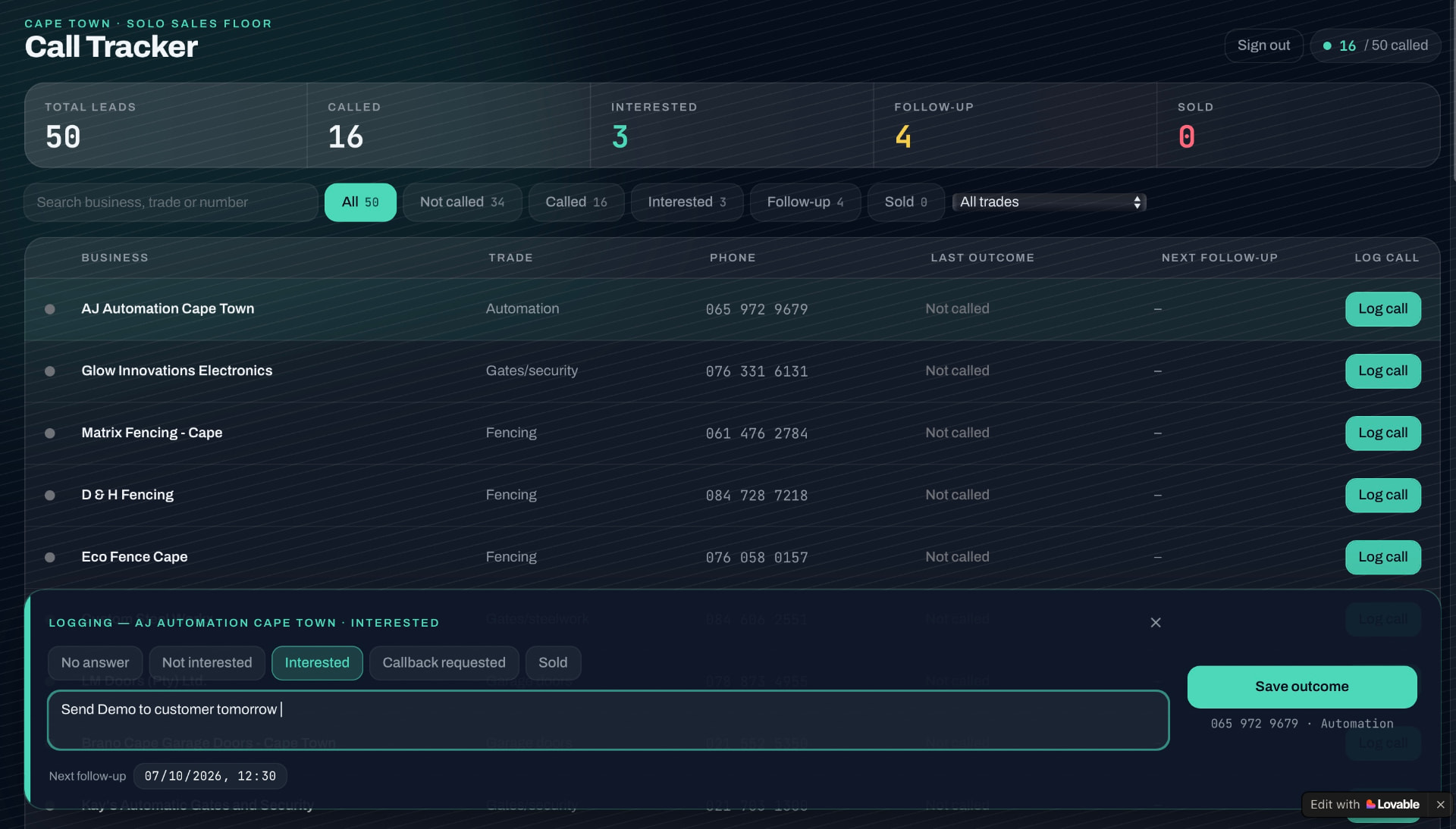 Call Tracker — Logging a call
