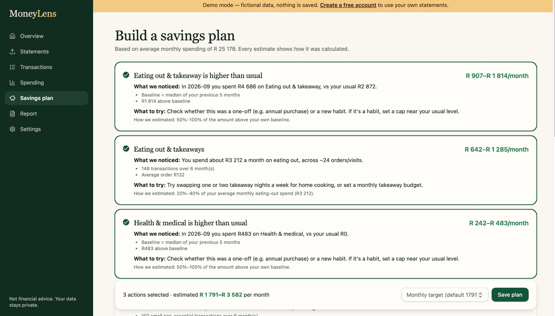 MoneyLens — Savings plan