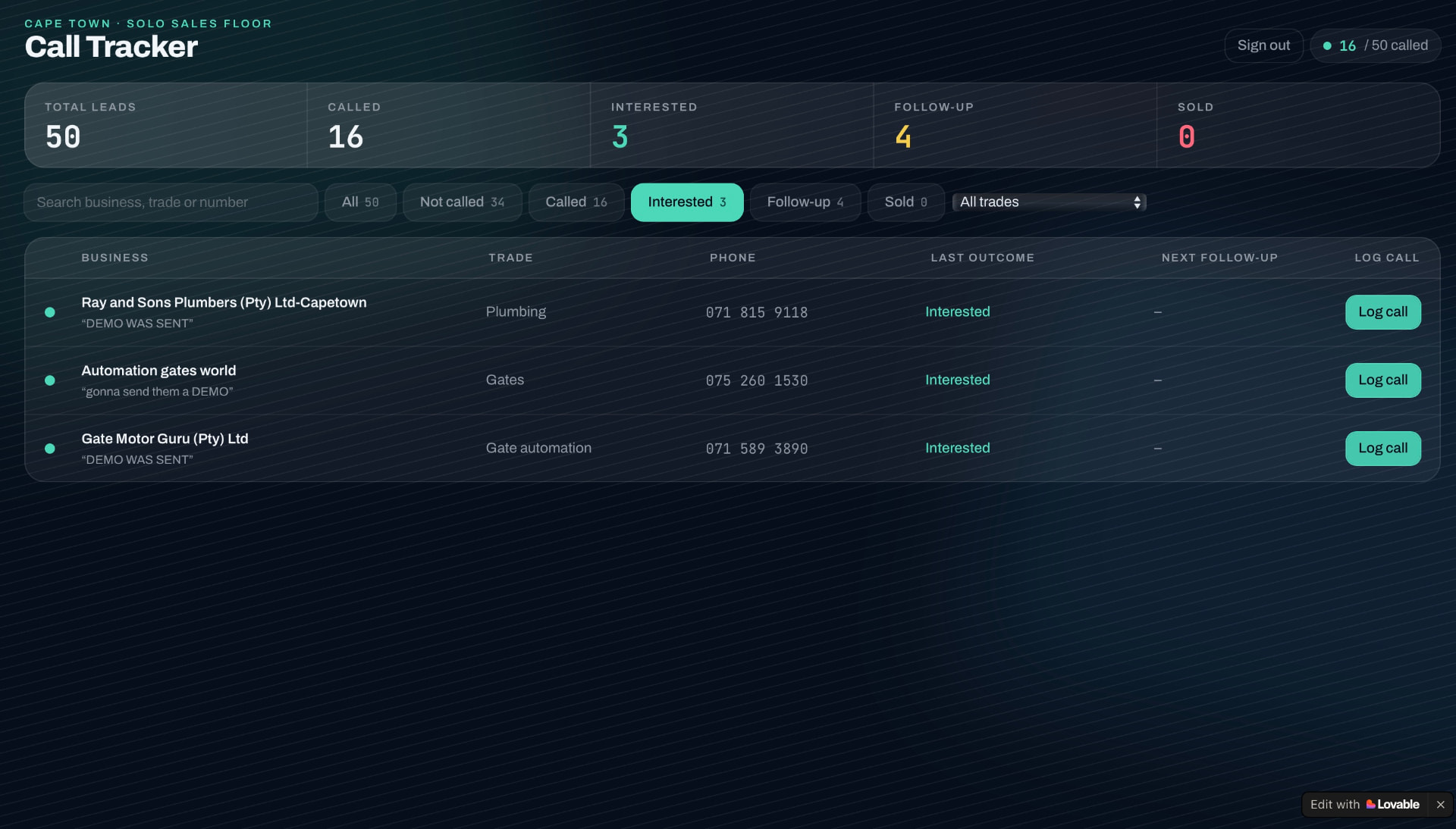 Call Tracker — Interested leads